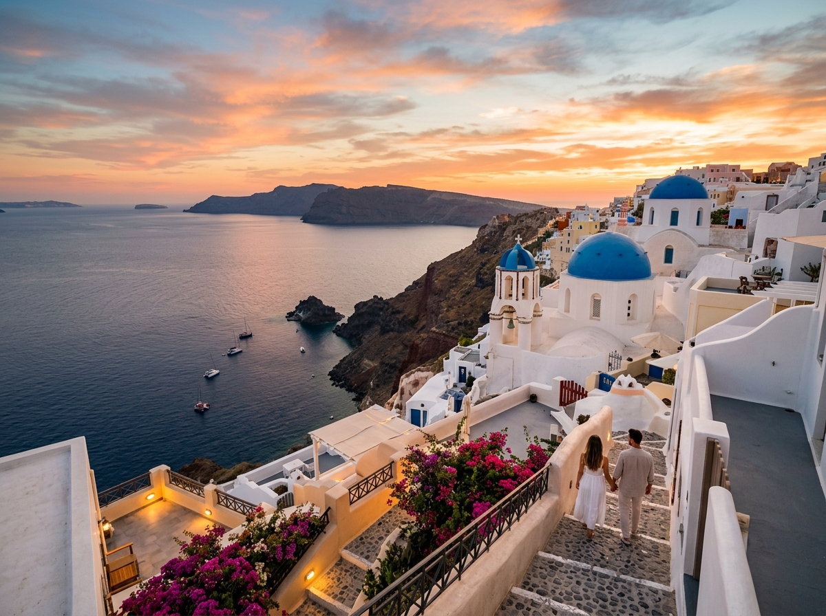 Atardecer en Santorini con cúpulas azules